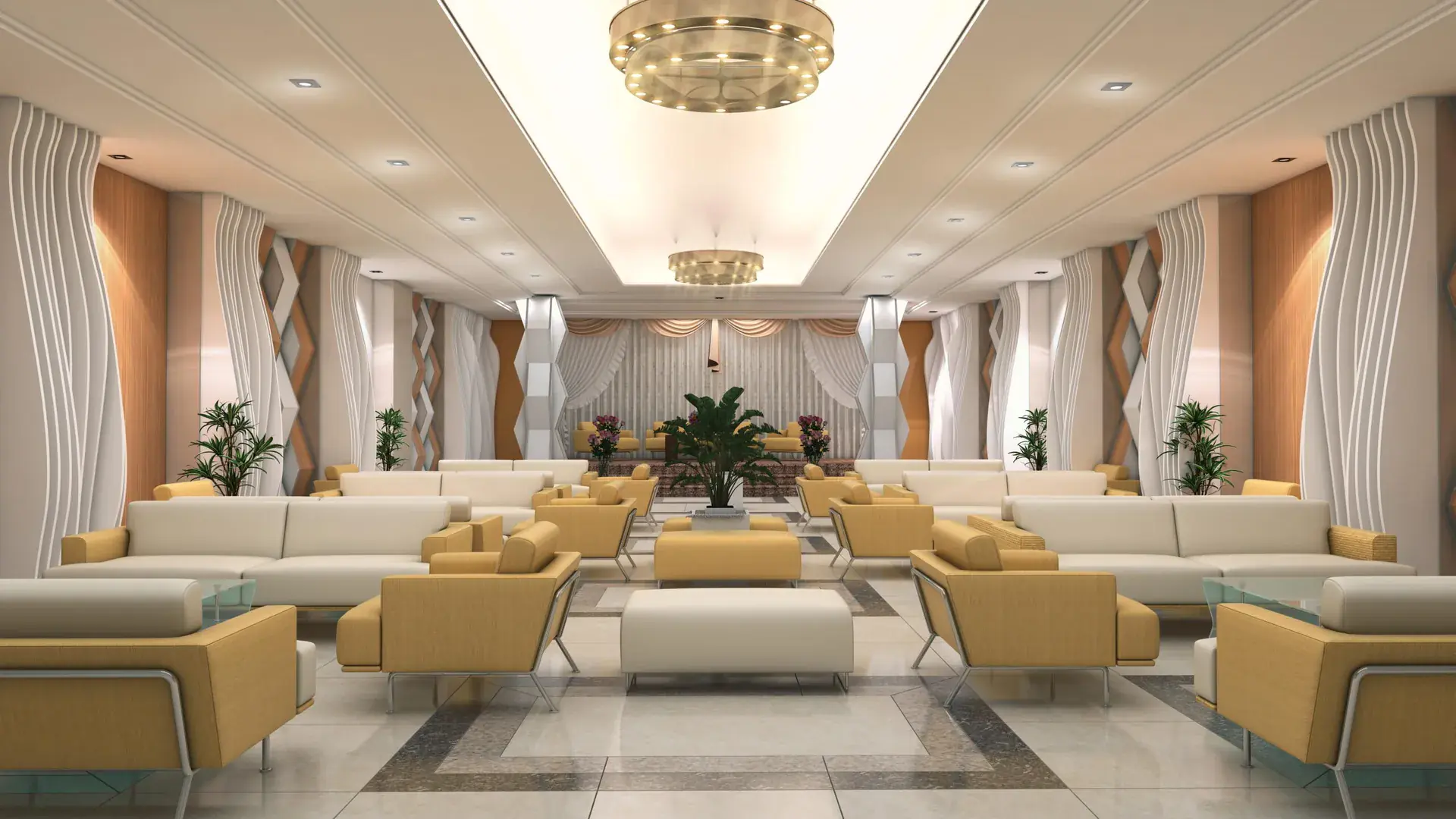 3 Bed Drawing Lounge Flats for Sale in Karachi — Victoria Residency Type-A Ruby — Community Hall Elegant lounge area with modern decor and luxurious seating, part of 3 bed drawing lounge flats in Karachi.