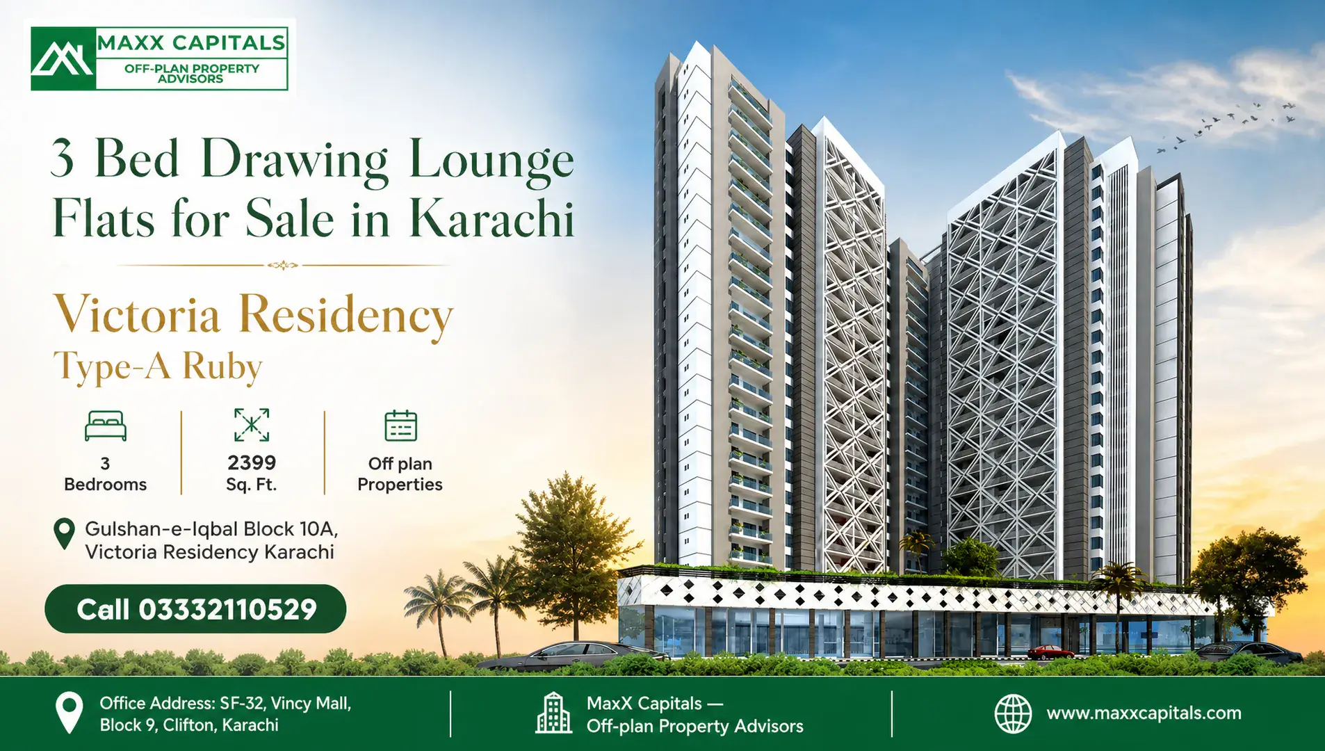 3 Bed Drawing Lounge Flats for Sale in Karachi — Victoria Residency Type-A Ruby — Feature Modern architectural rendering of luxury 3 bed drawing lounge flats for sale in Karachi.