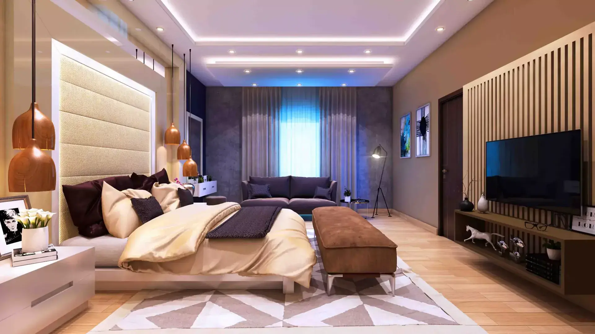 4 Bed Drawing Lounge Flats in Callachi Society — Victoria Residency Type-XL Emerald — Gallery 1 Luxurious bedroom with modern furnishings and a spacious layout in 4 bed drawing lounge flats in Callachi Society.
