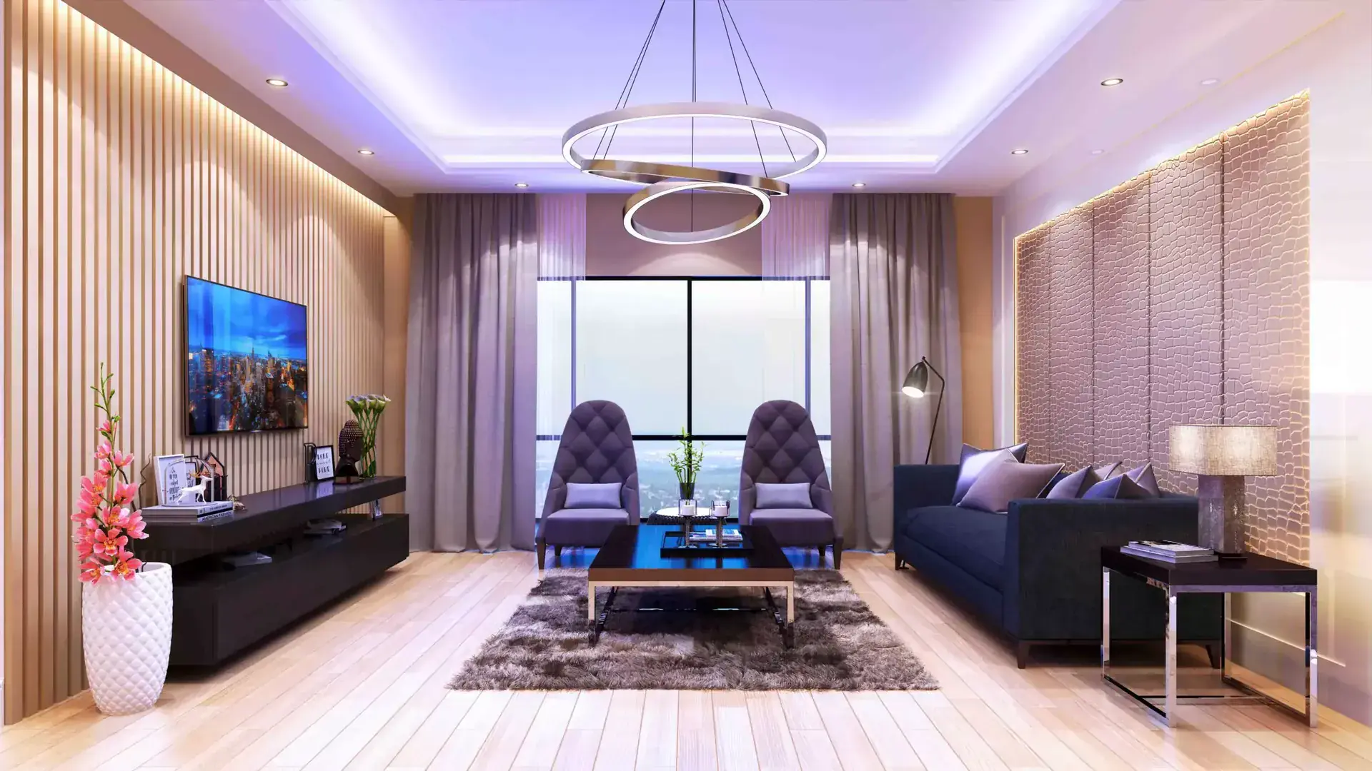 4 Bed Drawing Lounge Flats in Callachi Society — Victoria Residency Type-XL Emerald — Gallery 10 Modern luxury living room with high-end furnishings and a large window in a 4 bed flat in Callachi Society.