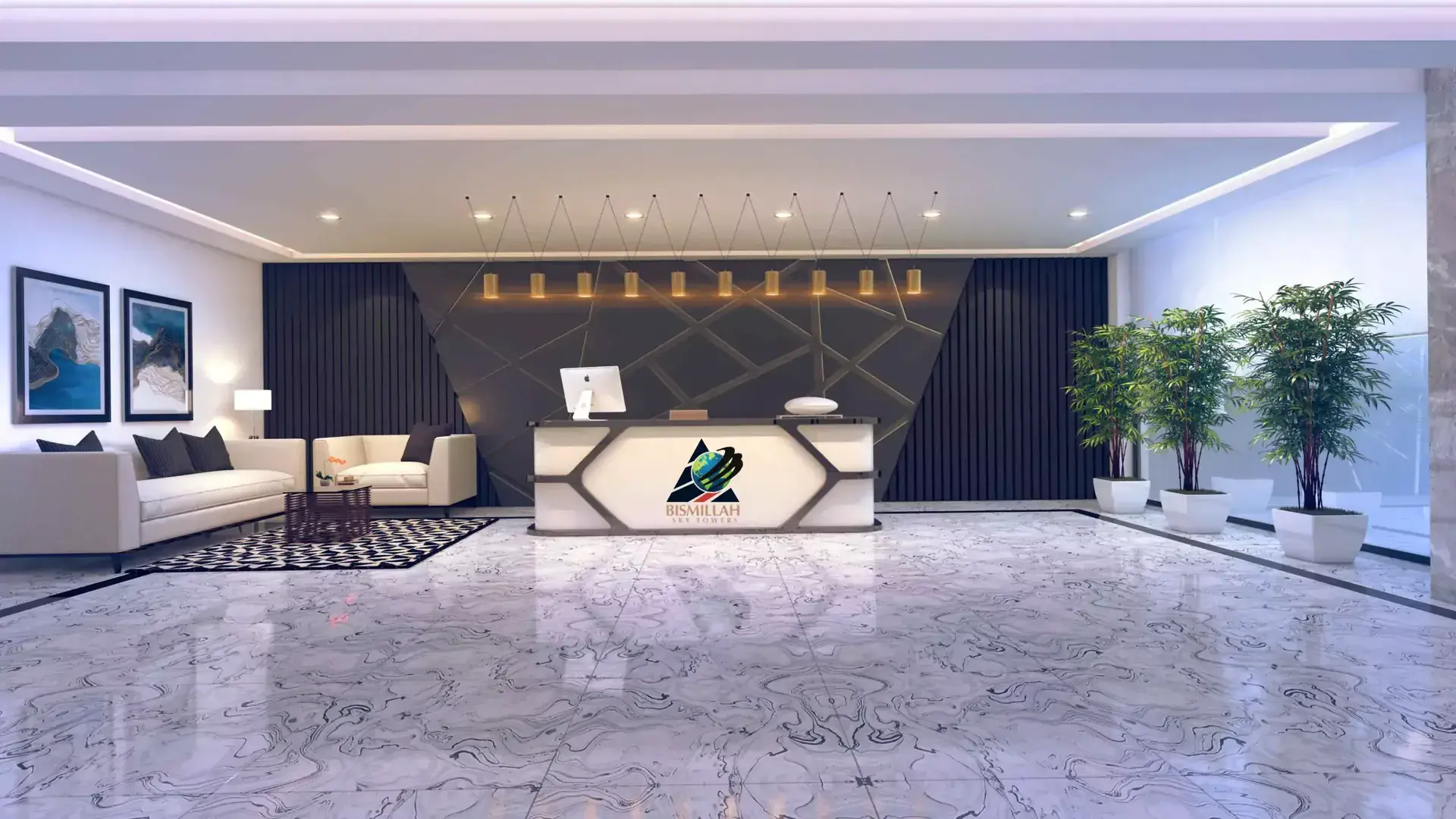 4 Bed Drawing Lounge Flats in Callachi Society — Victoria Residency Type-XL Emerald — Gallery 11 Luxurious interior with a modern reception desk in a 4 bed drawing lounge flat in Callachi Society.