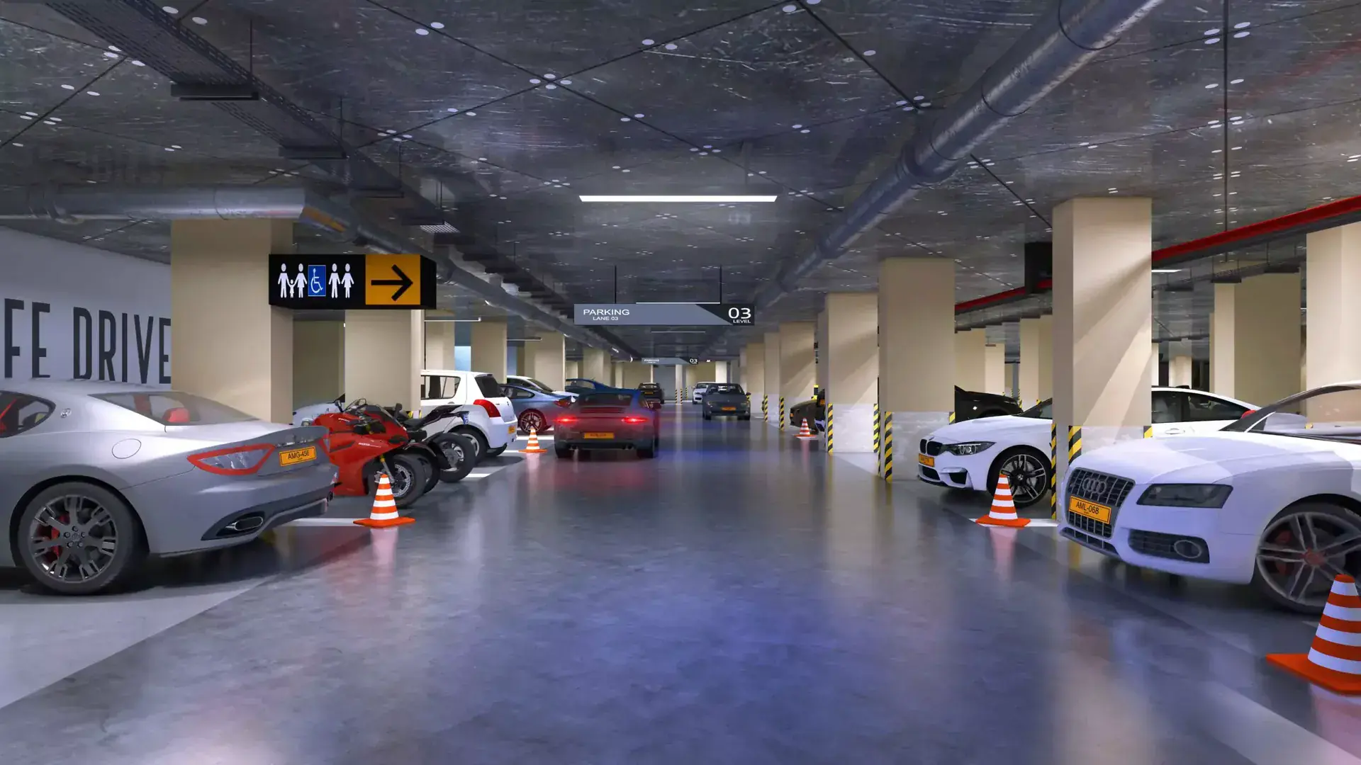 4 Bed Drawing Lounge Flats in Callachi Society — Victoria Residency Type-XL Emerald — Gallery 2 Luxurious underground parking with multiple high-end vehicles and clear signage.