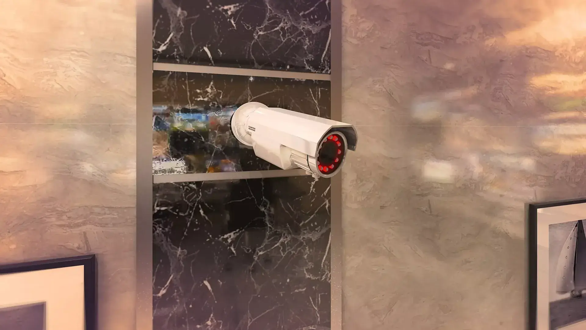 4 Bed Drawing Lounge Flats in Callachi Society — Victoria Residency Type-XL Emerald — Gallery 3 Modern surveillance camera installed on a marble wall in luxury flat.