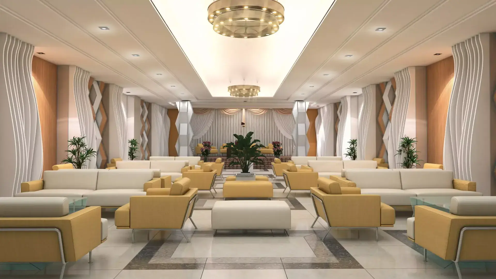 4 Bed Drawing Lounge Flats in Callachi Society — Victoria Residency Type-XL Emerald — Gallery 4 Luxurious 4 bed drawing lounge flat interior with yellow couches, white drapes, and chandeliers.