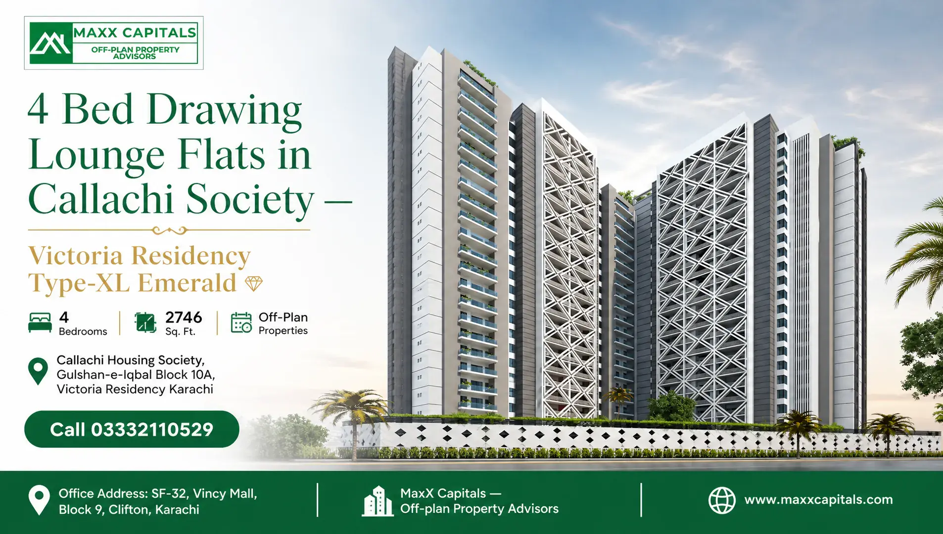 4 Bed Drawing Lounge Flats in Callachi Society — Victoria Residency Type-XL Emerald — Feature Modern architectural design of Victoria Residency Type-XL Emerald 4 bed drawing lounge flats.