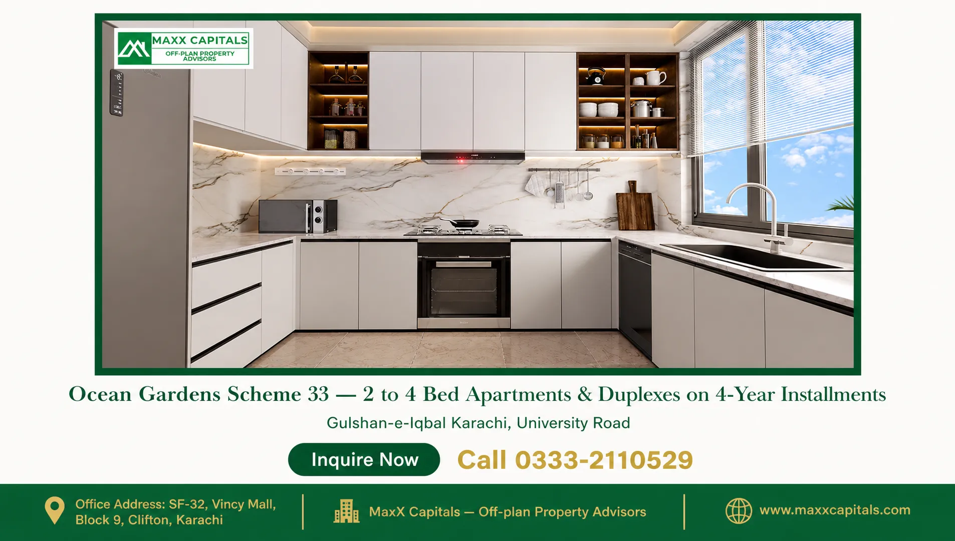 Ocean Gardens Scheme 33 — 2 to 4 Bed Apartments & Duplexes on 4-Year Installments — Gallery 2 Modern kitchen with marble countertops and white cabinets in the Ocean Gardens Scheme 33.
