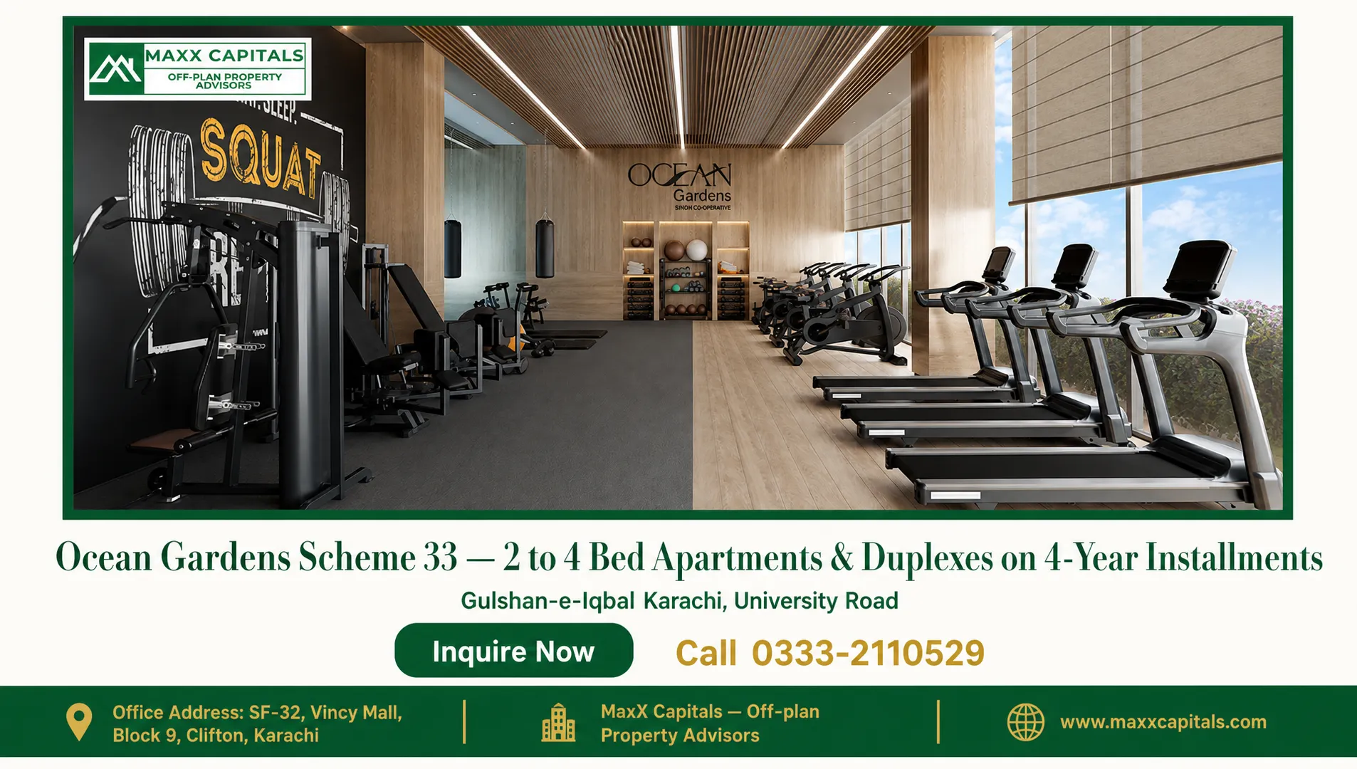 Ocean Gardens Scheme 33 — 2 to 4 Bed Apartments & Duplexes on 4-Year Installments — Gallery 4 Gym with modern equipment and luxurious interior design for Ocean Gardens Scheme 33 residents.