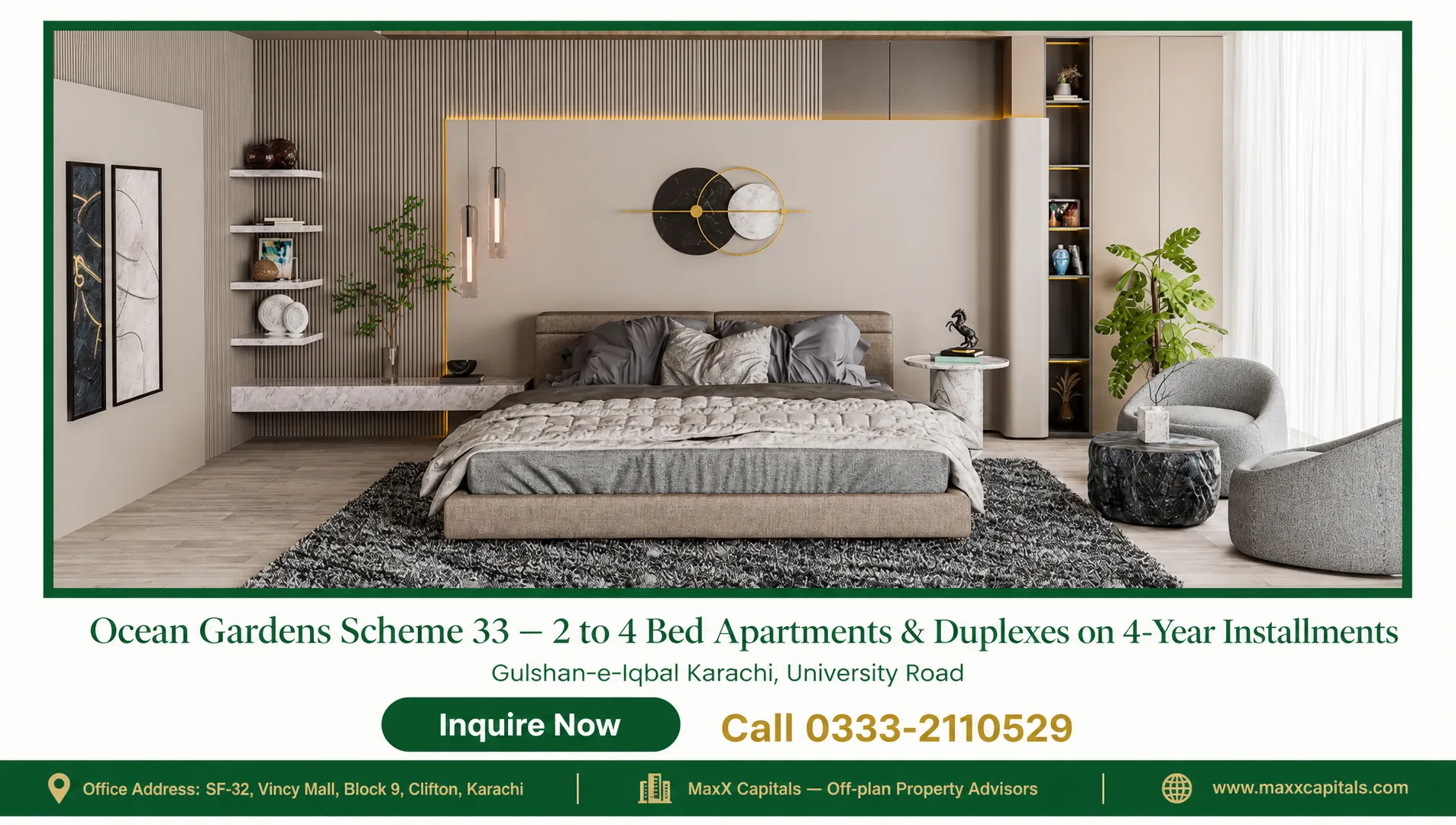 Ocean Gardens Scheme 33 — 2 to 4 Bed Apartments & Duplexes on 4-Year Installments — Gallery 5 Elegant bedroom with modern decor in the Ocean Gardens Scheme 33 luxury apartment.