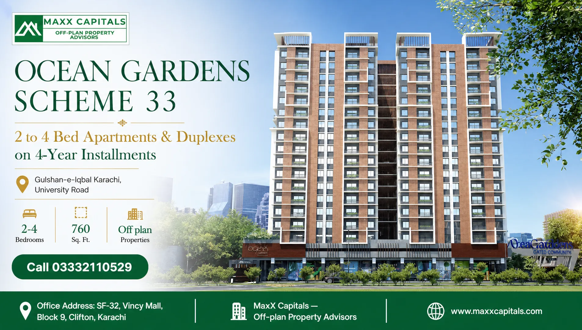 Ocean Gardens Scheme 33 — 2 to 4 Bed Apartments & Duplexes on 4-Year Installments — Feature Modern high-rise building with balconies, part of the Ocean Gardens Scheme 33 development.