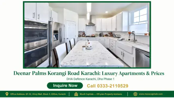Modern kitchen in Deenar Palms Korangi Road apartment featuring white cabinets and marble countertops.