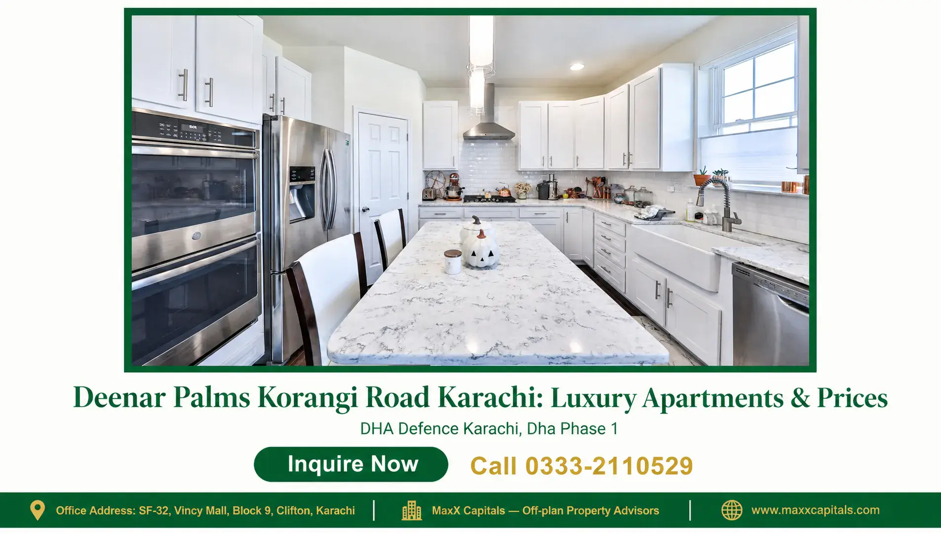 Deenar Palms Korangi Road Karachi: Luxury Apartments & Prices — Gallery 1 Modern kitchen in Deenar Palms Korangi Road apartment featuring white cabinets and marble countertops.
