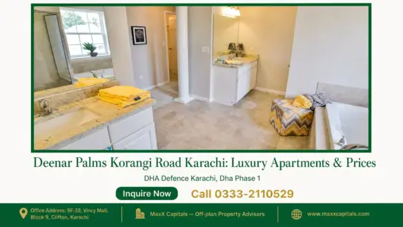 Deenar Palms luxury apartment with modern bathroom and kitchen area.