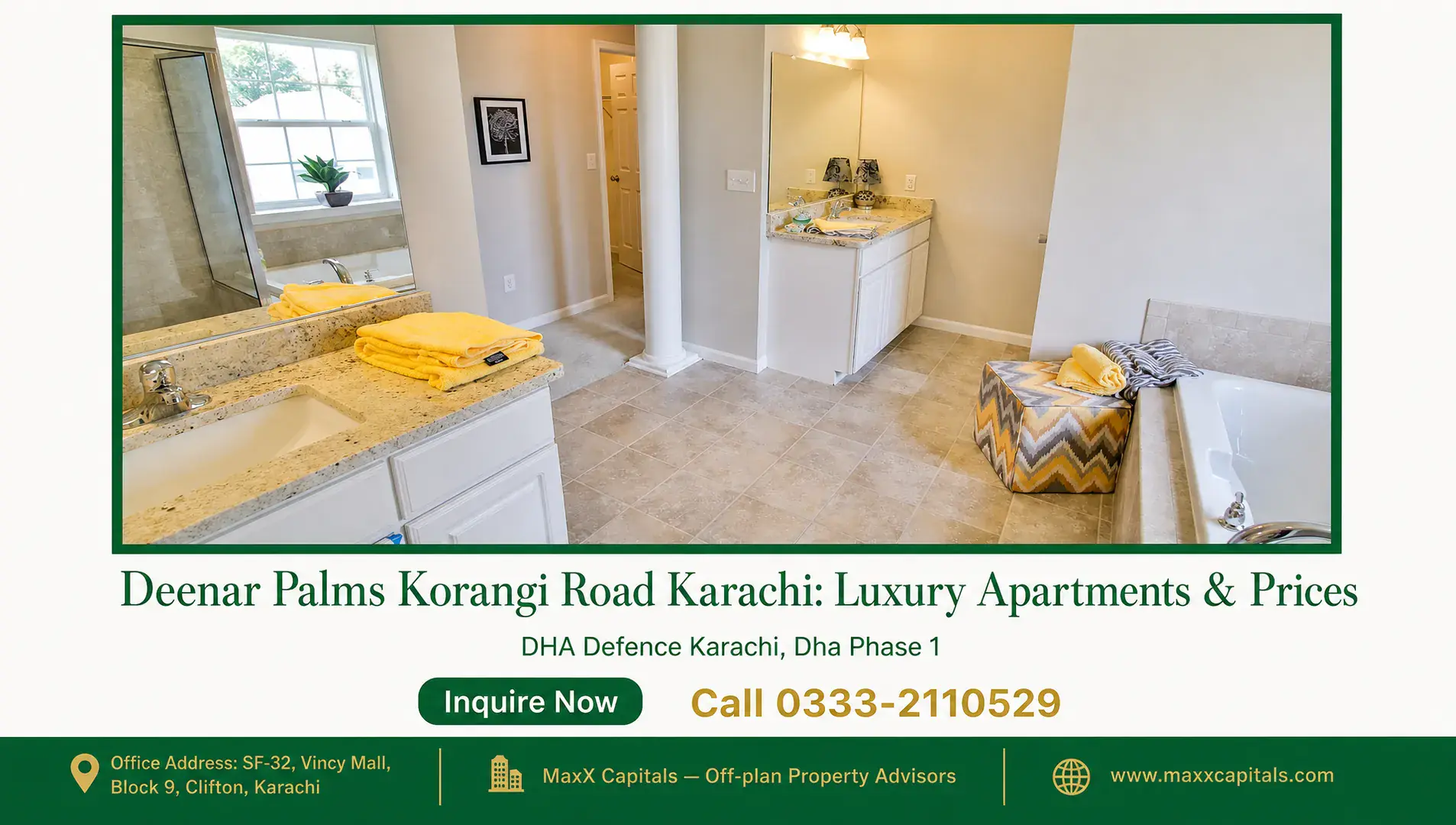 Deenar Palms Korangi Road Karachi: Luxury Apartments & Prices — Gallery 2 Deenar Palms luxury apartment with modern bathroom and kitchen area.