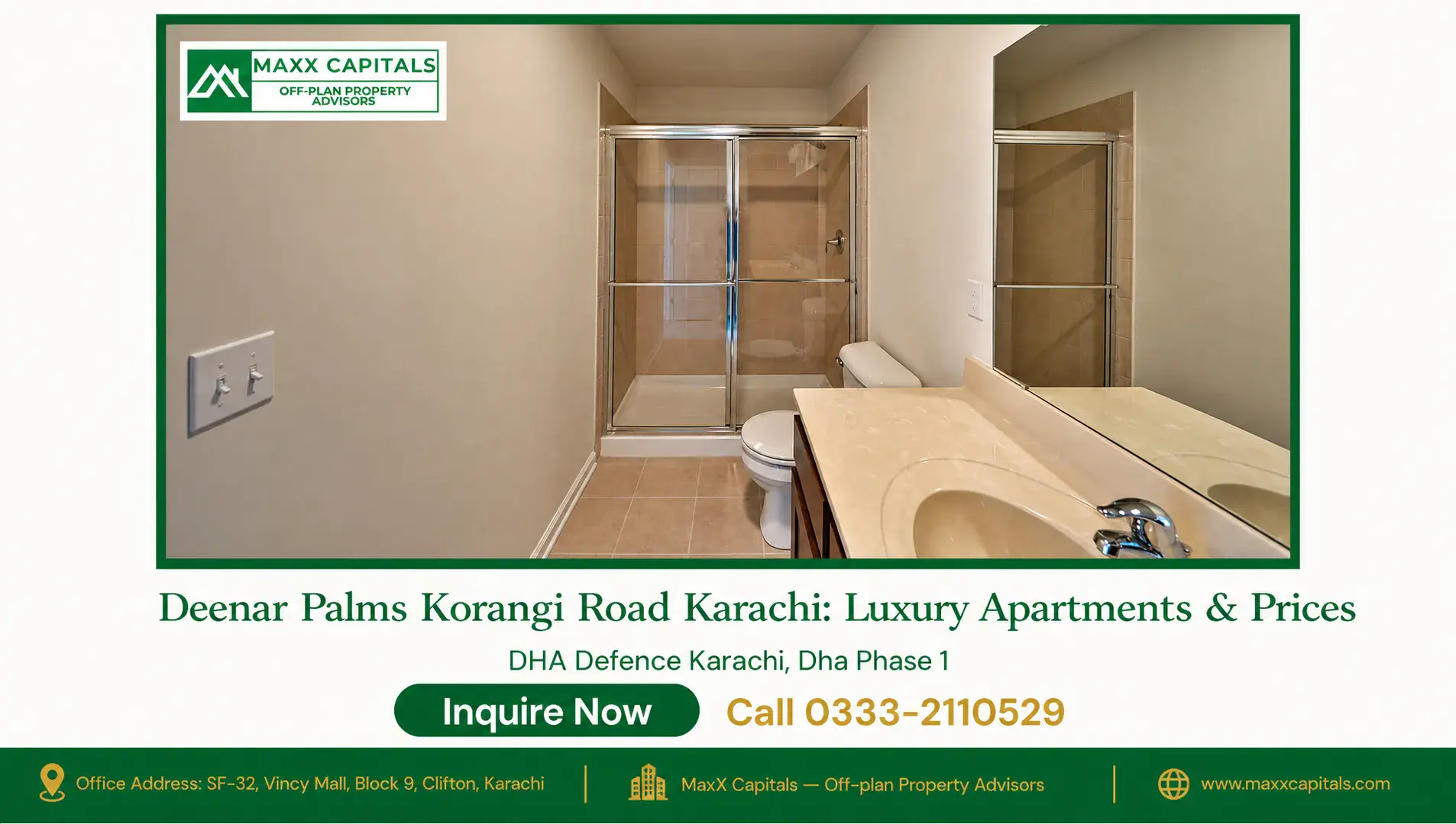 Deenar Palms Korangi Road Karachi: Luxury Apartments & Prices — Gallery 3 Modern bathroom with glass shower, beige tiles, and vanity, part of Deenar Palms Korangi Road luxury apartments.