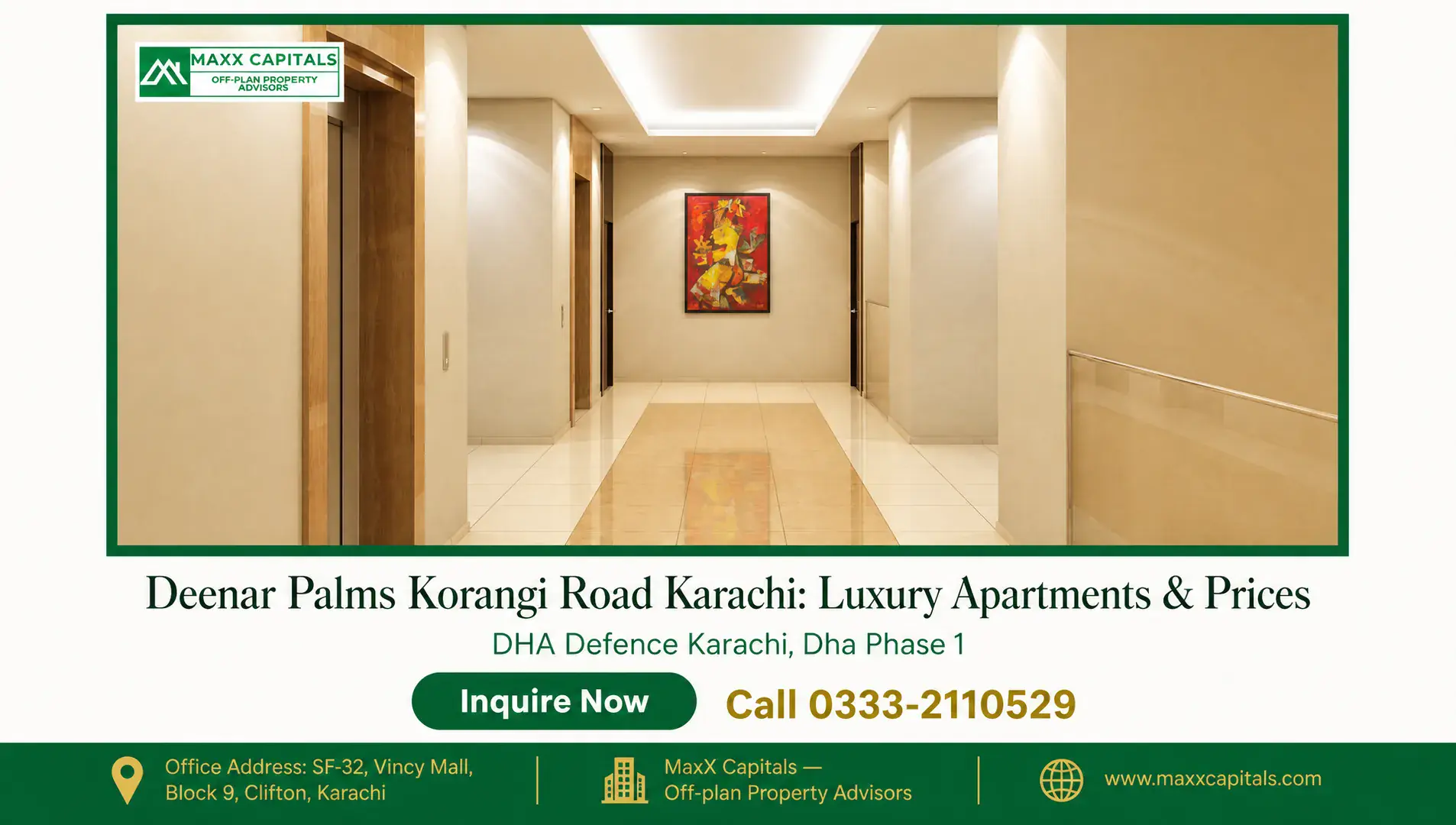 Deenar Palms Korangi Road Karachi: Luxury Apartments & Prices — Gallery 4 Deenar Palms Korangi Road Karachi: Elegant hallway with luxury finishes and modern art.