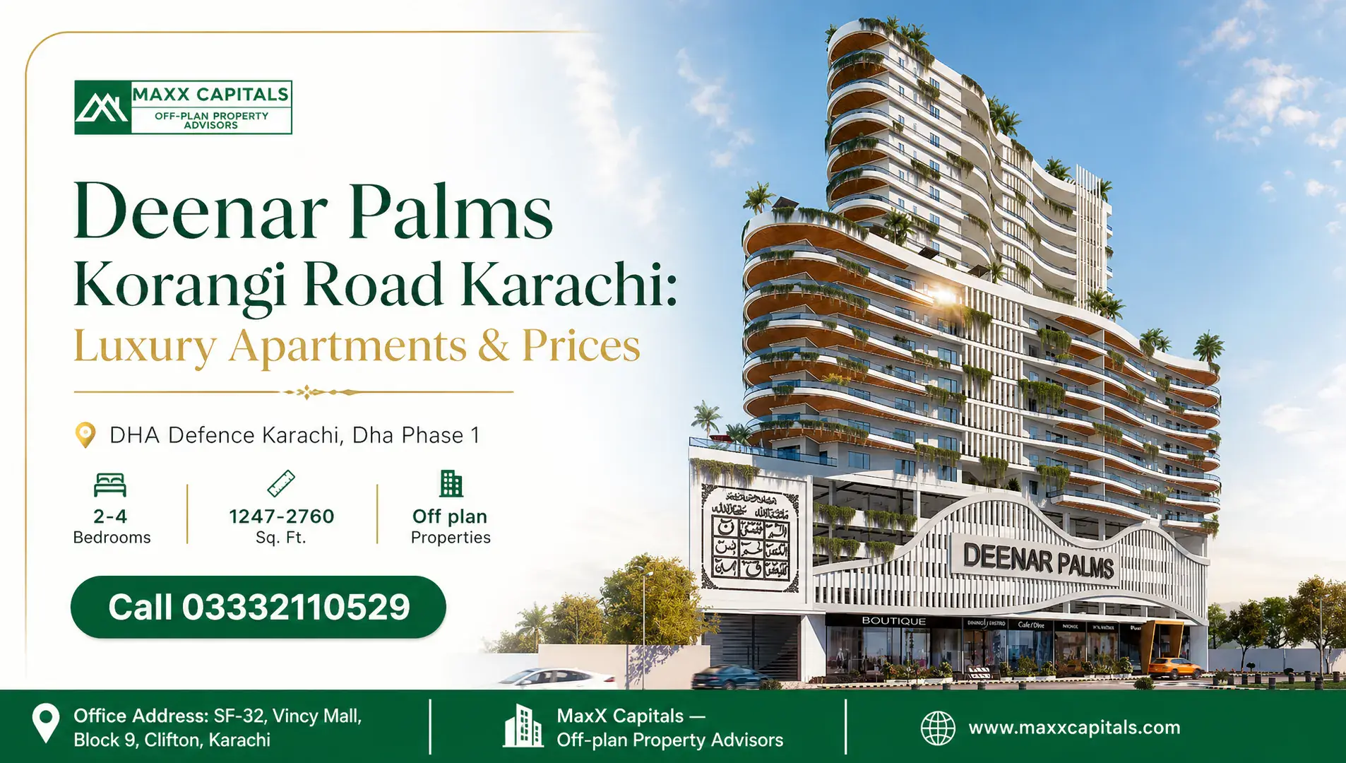Deenar Palms Korangi Road Karachi: Luxury Apartments & Prices — Feature Deenar Palms at Korangi Road, Karachi luxury apartments exterior with lush greenery.