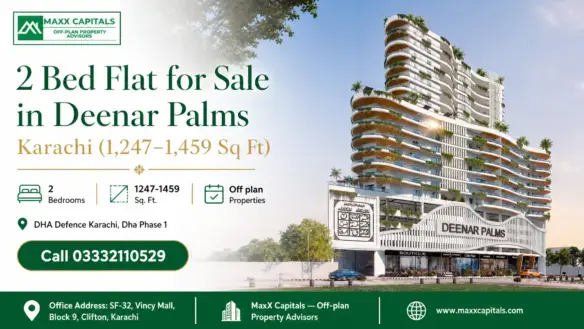 Modern High-Rise Apartment Building With Lush Greenery, Advertising A 2 Bed Flat For Sale In Deenar Palms.