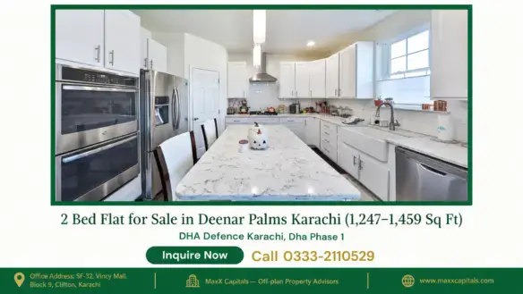 Modern kitchen in a 2 bed flat for sale in Deenar Palms Karachi.