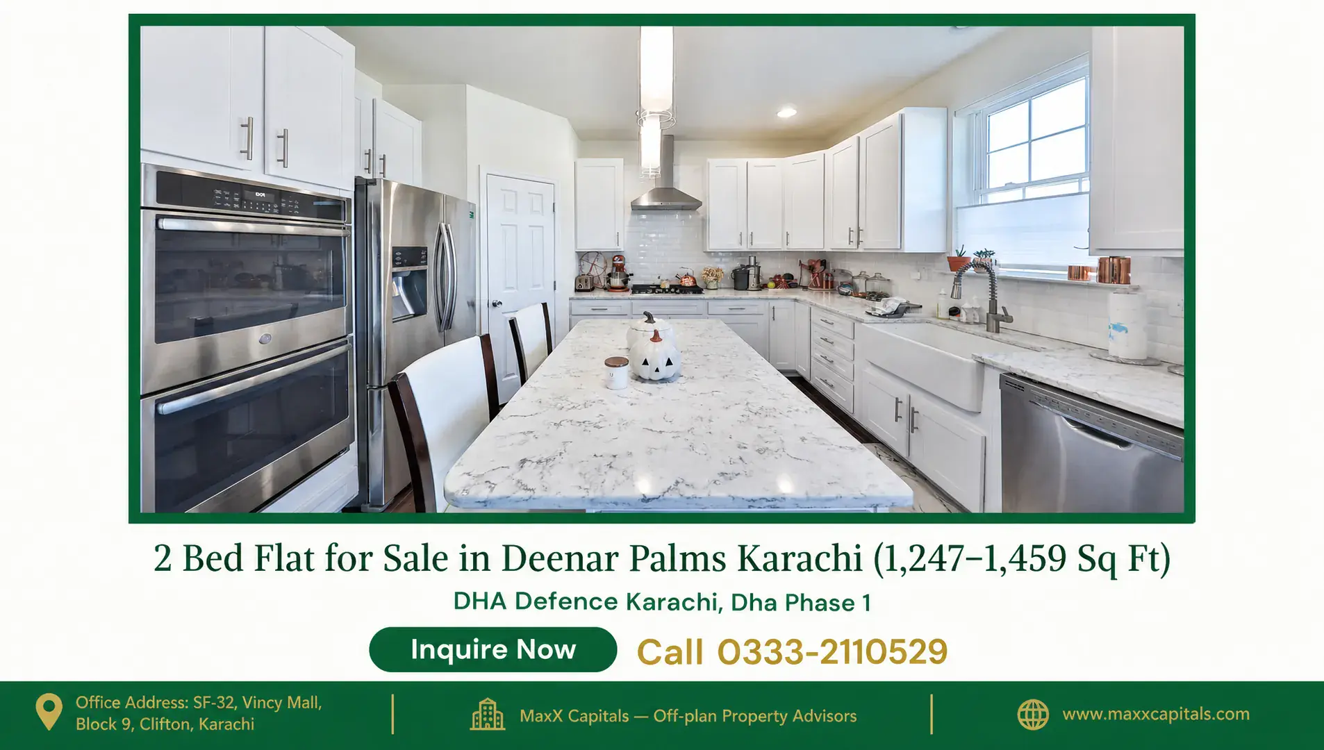 2 Bed Flat for Sale in Deenar Palms Karachi (1,247–1,459 Sq Ft) — Gallery 1 Modern kitchen in a 2 bed flat for sale in Deenar Palms Karachi.