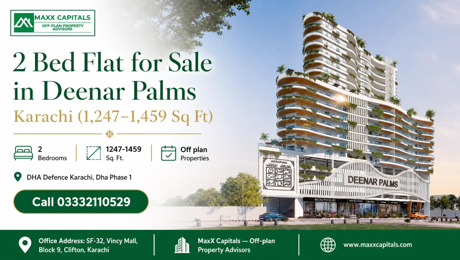 2 Bed Flat for Sale in Deenar Palms Karachi (1,247–1,459 Sq Ft) — Feature Modern high-rise apartment building with lush greenery, advertising a 2 bed flat for sale in Deenar Palms.