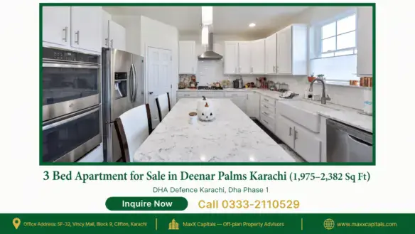 Modern kitchen with marble countertops in a 3 bed apartment for sale at Deenar Palms Karachi.
