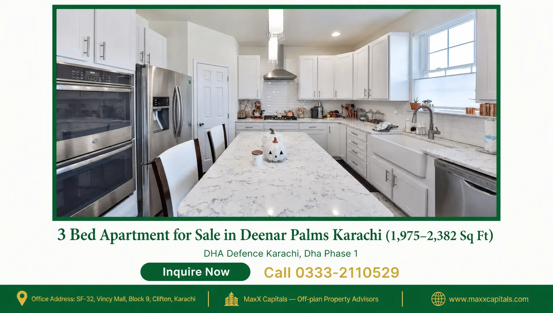 3 Bed Apartment for Sale in Deenar Palms Karachi (1,975–2,382 Sq Ft) — Gallery 1 Modern kitchen with marble countertops in a 3 bed apartment for sale at Deenar Palms Karachi.