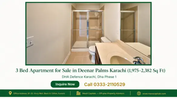 Luxurious 3 bed apartment for sale in Deenar Palms, showcasing a modern bathroom with glass shower and vanity.