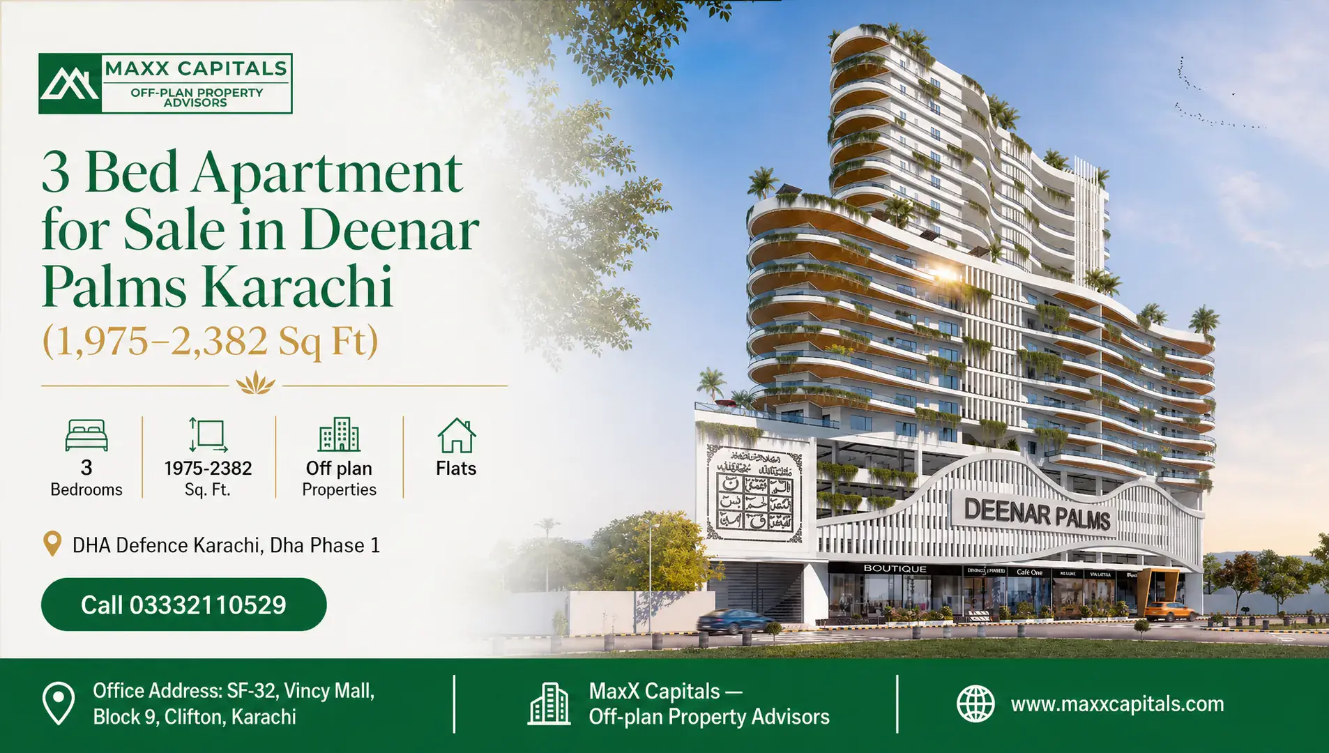 3 Bed Apartment for Sale in Deenar Palms Karachi (1,975–2,382 Sq Ft) — Feature Modern 3 bed apartment in Deenar Palms, Karachi with green terraces and sleek design.