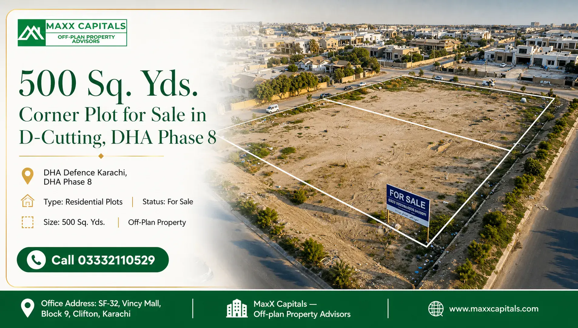 Aerial view of a 500 square yards corner plot in DHA Phase 8 D-Cutting for sale.