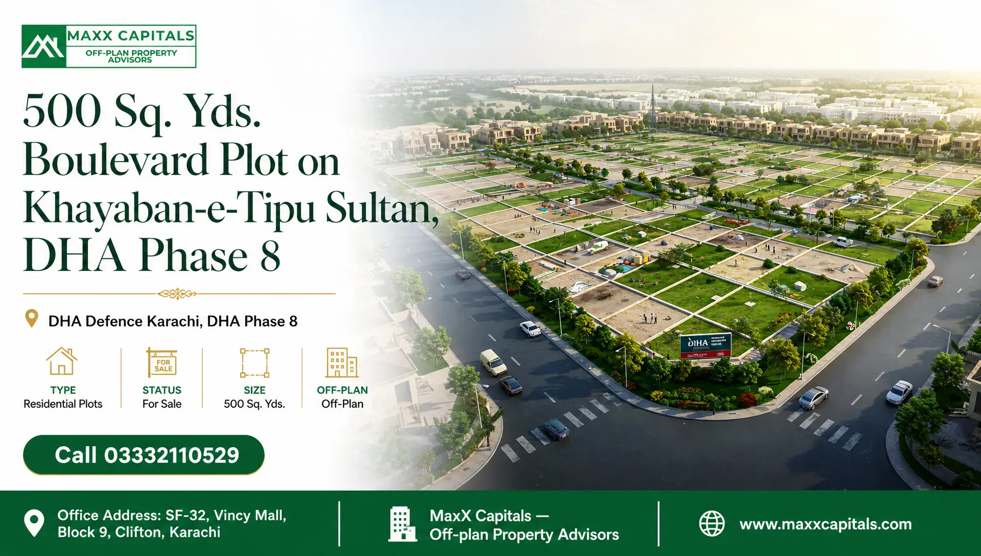 Aerial view of a residential plot for sale on Khayaban-e-Tipu Sultan, DHA Phase 8, Karachi.
