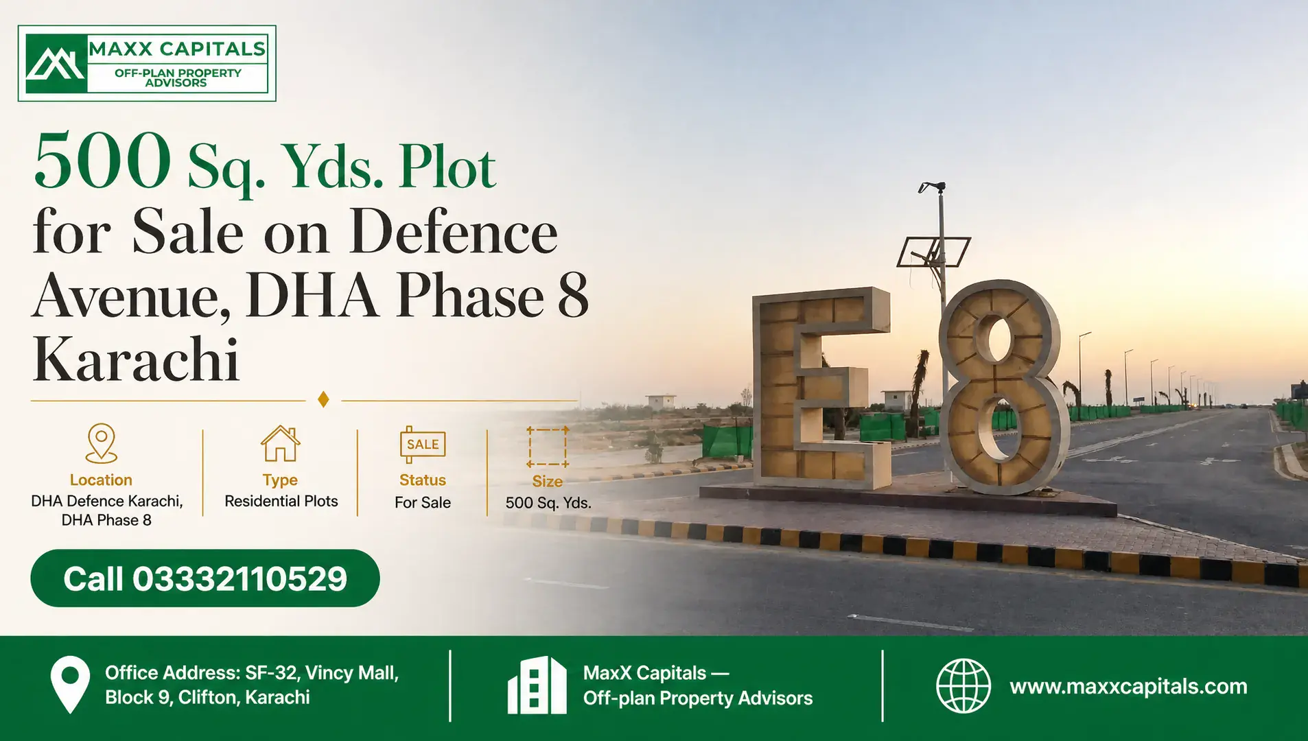 500 sq yards plot advertisement on Defence Avenue, DHA Phase 8 Karachi with road and sign visible.