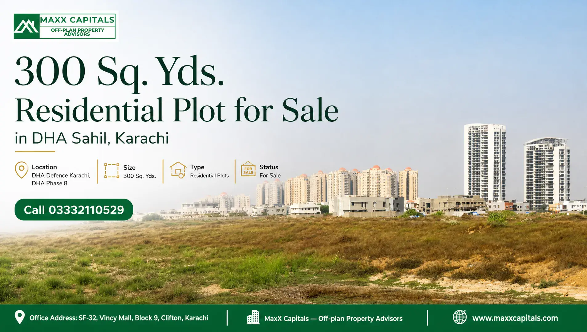 300 sq yards plot in DHA Sahil, Karachi with surrounding high-rise buildings.