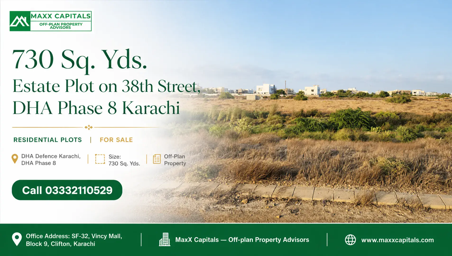 Aerial view of a 730 square yards plot in DHA Phase 8 Karachi with surrounding landscape.