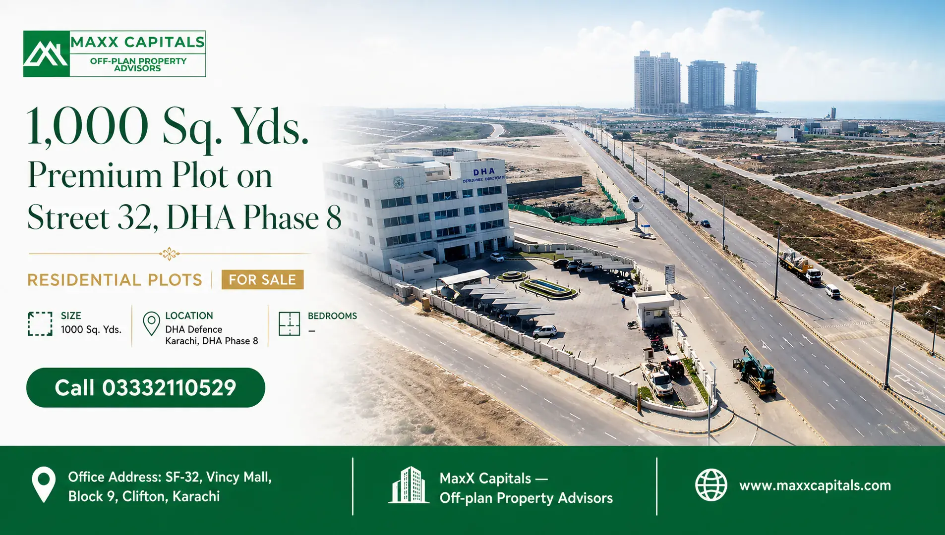 1000 sq yards plot on street 32 dha phase 8 with a modern building and highway view