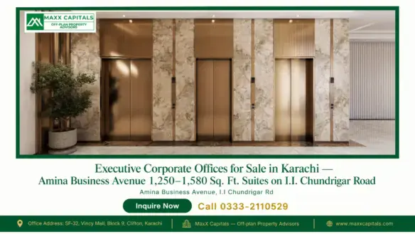 Executive corporate offices for sale in Karachi featuring gold-finished elevators and luxurious interiors.