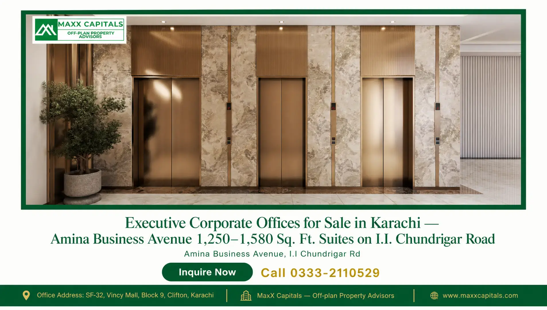 Executive Corporate Offices for Sale in Karachi — Amina Business Avenue 1,250–1,580 Sq. Ft. Suites on I.I. Chundrigar Road — Gallery 1 Executive corporate offices for sale in Karachi featuring gold-finished elevators and luxurious interiors.