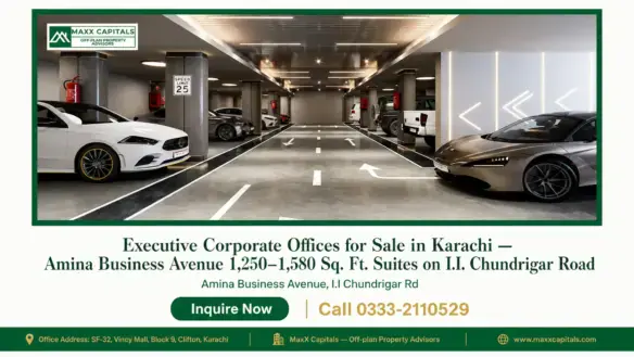 Luxury corporate office space with modern architecture and premium finishes for sale in Karachi.