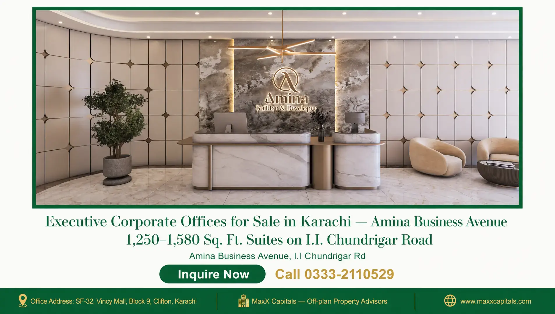 Executive Corporate Offices for Sale in Karachi — Amina Business Avenue 1,250–1,580 Sq. Ft. Suites on I.I. Chundrigar Road — Gallery 3 Modern executive corporate office suite with marble counters, plush seating, and chic decor.