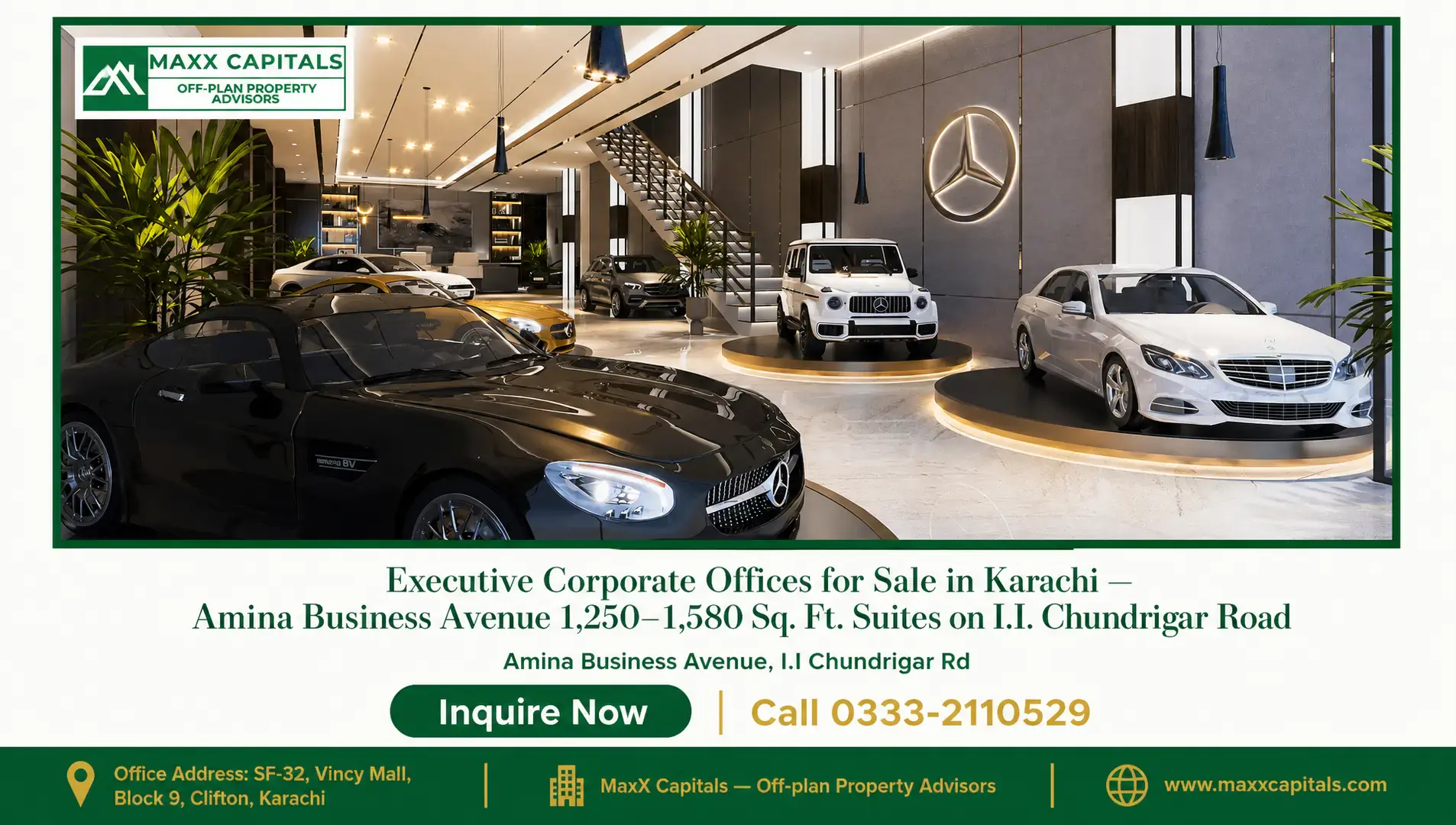 Executive Corporate Offices for Sale in Karachi — Amina Business Avenue 1,250–1,580 Sq. Ft. Suites on I.I. Chundrigar Road — Gallery 4 Modern office space with luxury cars and plants, highlighting executive corporate offices for sale in Karachi.