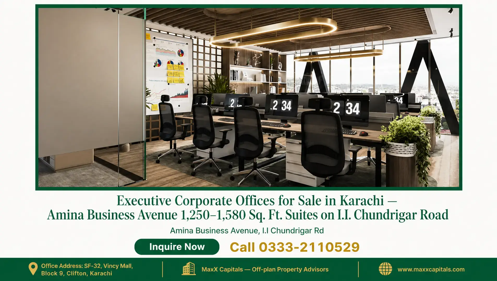 Executive Corporate Offices for Sale in Karachi — Amina Business Avenue 1,250–1,580 Sq. Ft. Suites on I.I. Chundrigar Road — Gallery 5 Modern office suite with premium furnishings and large windows for natural light.