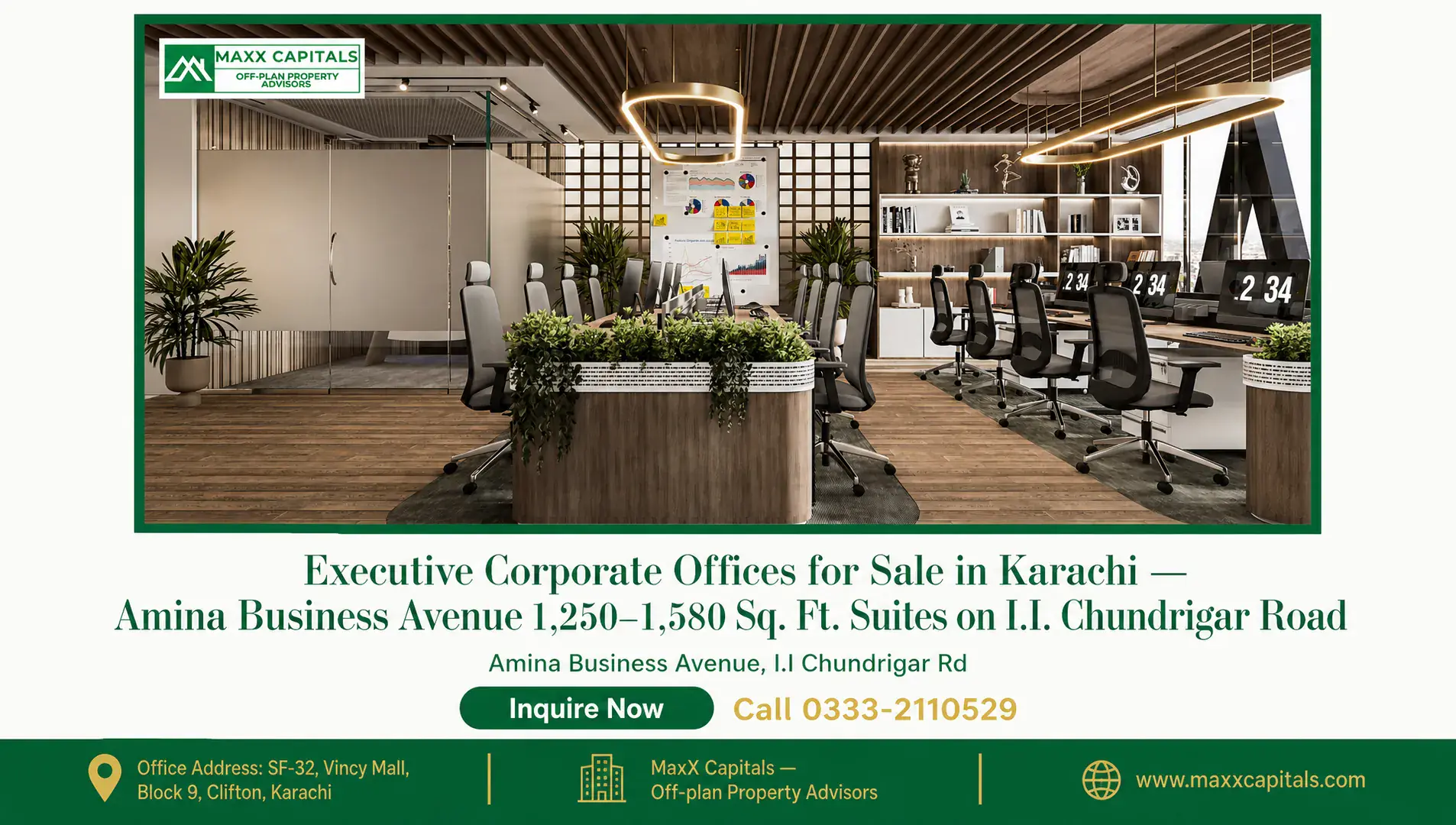 Executive Corporate Offices for Sale in Karachi — Amina Business Avenue 1,250–1,580 Sq. Ft. Suites on I.I. Chundrigar Road — Gallery 6 Modern executive corporate office interior with desks, chairs, and natural lighting.
