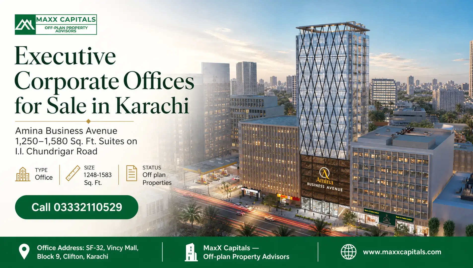 Executive Corporate Offices for Sale in Karachi — Amina Business Avenue 1,250–1,580 Sq. Ft. Suites on I.I. Chundrigar Road — Feature Modern executive corporate offices for sale in Karachi, located on I.I. Chundrigar Road.