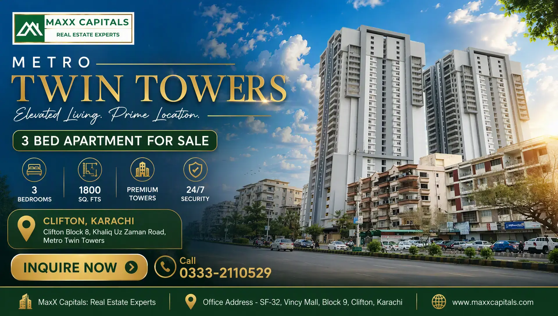 Metro Twin Towers 3-Bed Apartment for Sale in Clifton Karachi