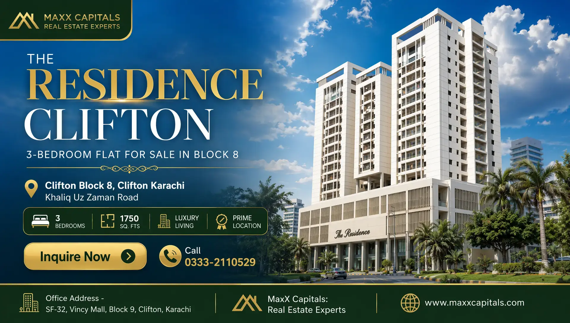 The Residence Clifton: 3-Bedroom Flat for Sale in Block 8 Karachi