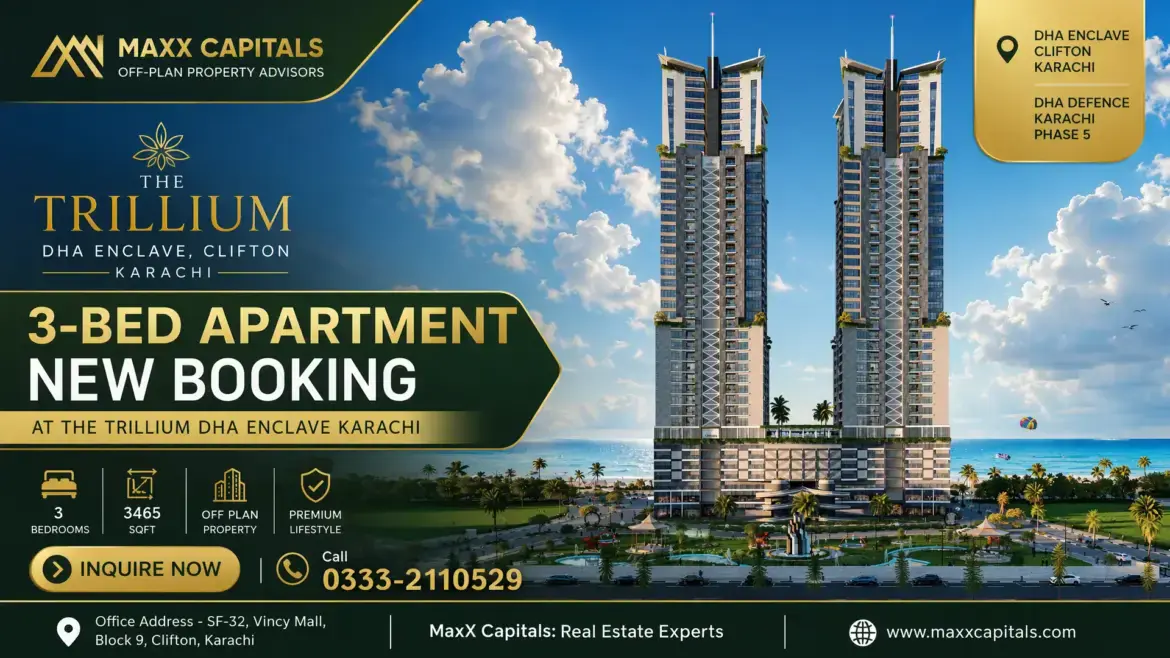 Twin modern high-rise towers with glass and concrete facades, geometric detailing, and rooftop gardens overlooking the sea at